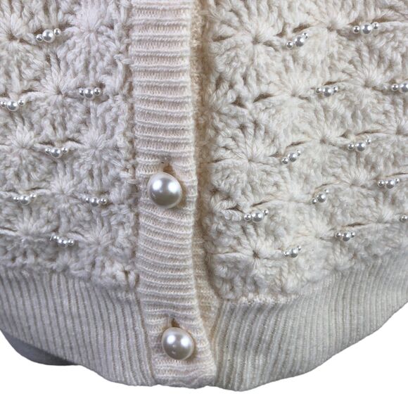 Marisa Christina Vintage Sweater Ivory Pearl Stud Lambs Wool Cardigan - Picture 11 of 12